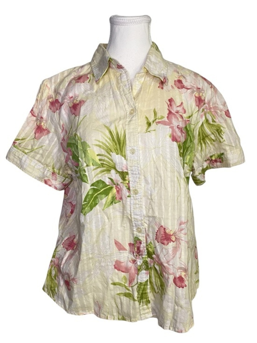 Caribbean Joe Y2K Cream & Pink Floral Tropical Short Sleeve Button Up